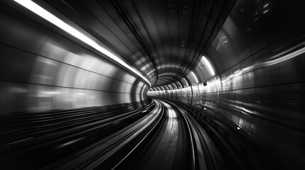 A tunnel with a train going through it. The tunnel is long and narrow - obrazy, fototapety, plakaty