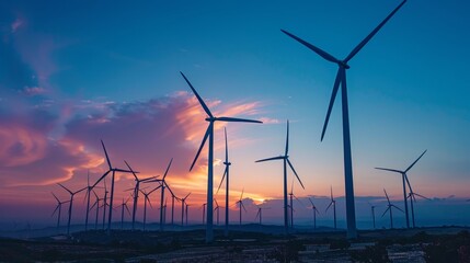 A large group of wind turbines are lined up in a field, with the sun setting in the background. Concept of power and energy, as well as the potential for renewable energy sources