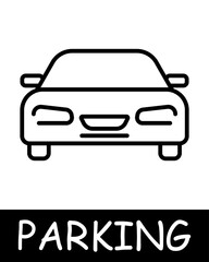 Parking, car icon. Vehicle management, convenient transport solutions, silhouette, automobile, mechanism, equipment, vehicle, parking place. The concept of providing car park services.