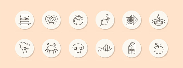 Food set icon. Fish, tomato, pastries, milk, crab, pancakes, apple, natural products, mushrooms, radishes, soup, hot, pastel, delicacies, unusual food. Healthy eating concept. Vector line icon.