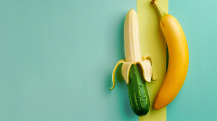Open banana with cucumber peel and banana on a pastel blue and yellow background. Flat lay. Banner with copy space. Product promotion