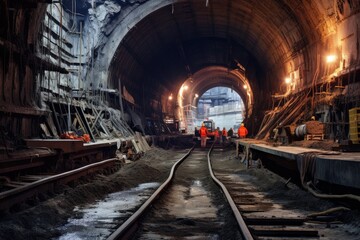 Fototapeta na wymiar Subway tunnel construction, Underground subway tunnel under construction, AI generated