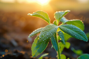 Fototapeta na wymiar Dew-Kissed Young Plant at Sunrise. A close-up of dew drops on the leaves of a young vegetable sprout at sunrise, highlighting the beauty and fragility of new life on the farm