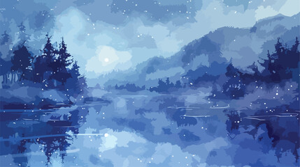 Watercolor night landscape nature forest on the river