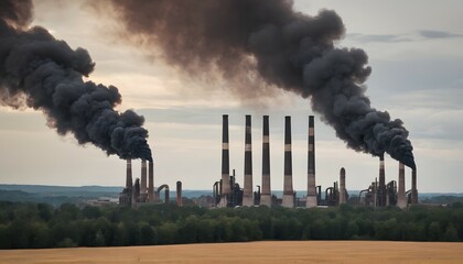 Smokestacks emitting thick, black smoke into the atmosphere, global pollution, environmental pollution from industrial factories