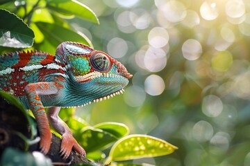 Colorful chameleon on the tree with bokeh background - obrazy, fototapety, plakaty