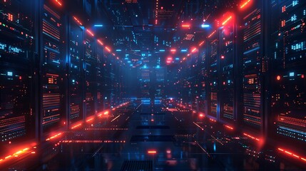Neon-Lit Data Center Network Corridor
