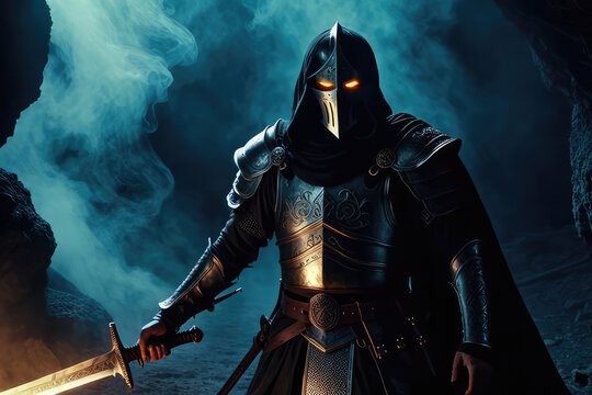 Gloomy ancient warrior with shining eyes. Scary knight ghost with sword in smoke. Horror fantasy genre. Dark spirit cave. Animated video clip. Scary short films for Halloween and scary loops.

