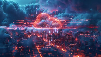 Digital Cloud Over Cyber City Network - obrazy, fototapety, plakaty