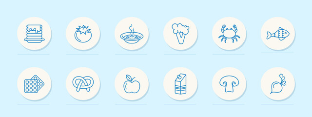 Food set icon. Fish, tomato, pastries, milk, crab, pancakes, apple, natural products, mushrooms, radishes, soup, hot, blue, delicacies, unusual food. Healthy eating concept. Vector line icon.