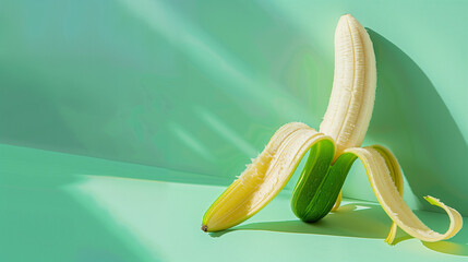 Open banana with cucumber peel on a pastel green background with shadowplay. Commercial photography. Minimal food idea