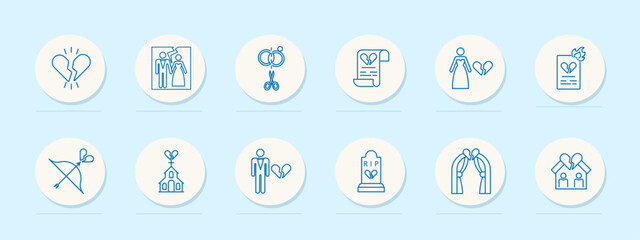 Divorce set icon. Document, broken heart, burning paper, breakup, separate, bride, wedding dress, bow, grave, photo card, split, crown. Parting, ending a relationship concept. Vector line icon.