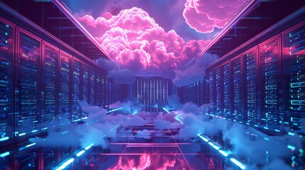 Neon Lit Data Center with Cloud Computing Concept