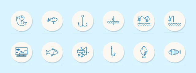 Fishing icon set. Camping, skeleton, fishing line, fisherman, sea, pond, catch, hook, float, hook, underwater creature, perch, silhouette, blue. Active recreation concept. Vector line icon.