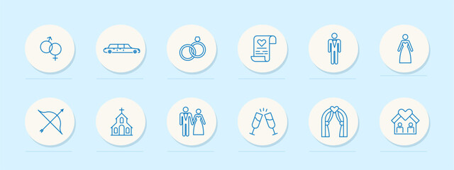 Wedding icon set. Document, wine, sex, glasses, church, heart, wife, wedding dress and suit, man, groom, house, limousine, bow, marriage certificate, altar. Marriage concept. Vector line icon.