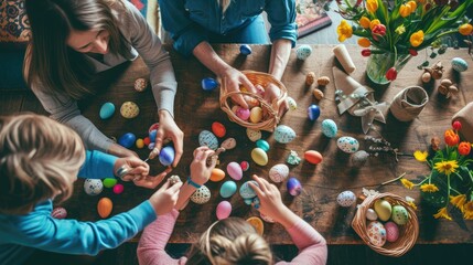 A family is sharing a fun cooking activity in the kitchen, decorating Easter eggs with their toddler. Its a mix of art and cuisine, creating lasting memories through food and creativity AIG42E