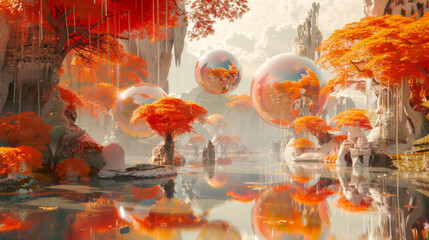 3d render of surreal fantasy landscape with floating glass spheres, colorful trees and plants in hanging pods