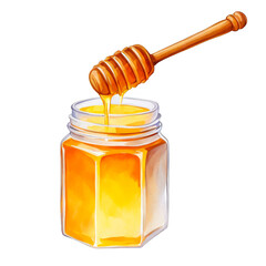 Raw honey in a glass jar wit wooden dipper, watercolor illustration, farmhouse, ingredient, healthy, creamy, cutout png, honey jar