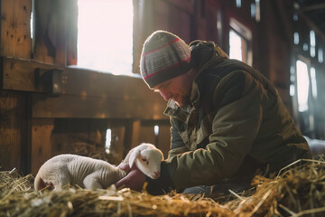 A farmer tenderly caring for a newborn lamb in a barn, showcasing the nurturing side of farming and...
