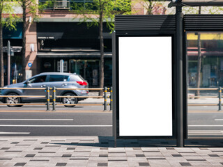 Mock up Banner signboard template at Bus Shelter Media outdoor street Sign display - 777048972