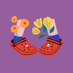 Pairs of female leg wearing Crocs with flowers. Vector illustration. - 777049120