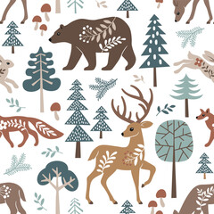 Seamless vector pattern with cute woodland animals, trees and leaves. Scandinavian woodland illustration. Perfect for textile, wallpaper or print design. - obrazy, fototapety, plakaty
