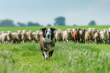 Obraz premium Energetic border collie running in the foreground with a flock of sheep in the background.