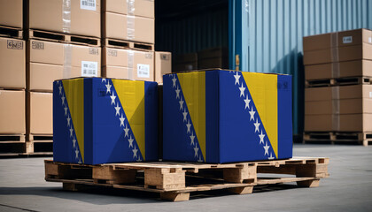 Stacked cardboard boxes and a Bosnia and Herzegovina flag on a pallet, representing international trade - obrazy, fototapety, plakaty