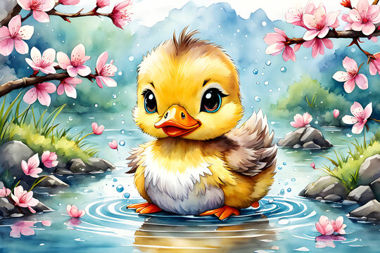 Cherry blossoms and baby duck.
Generative AI