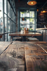 A closeup of a wooden table inside a restaurant