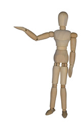 The toy figure model of man shows something. Raised right hand. Figurine manikin. Isolated.