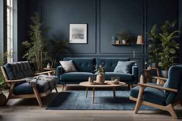 Elegantes skandinavisches Wohnzimmer in Blautönen mit natürlichen Dekorelementen - obrazy, fototapety, plakaty