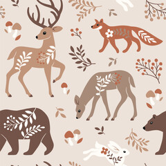 Seamless vector pattern with cute woodland animals, trees and leaves. Scandinavian woodland illustration. Perfect for textile, wallpaper or print design. - obrazy, fototapety, plakaty