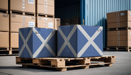 Stacked cardboard boxes and a Scotland flag on a pallet, representing international trade - obrazy, fototapety, plakaty
