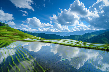 Panoramic view of terraced rice paddies, with each level reflecting the sky above, showcasing the artistry and labor intensity of traditional farming methods
