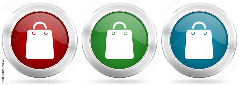 Poster sale bag vector icon set. red, blue and green silver metallic web buttons with chrome border