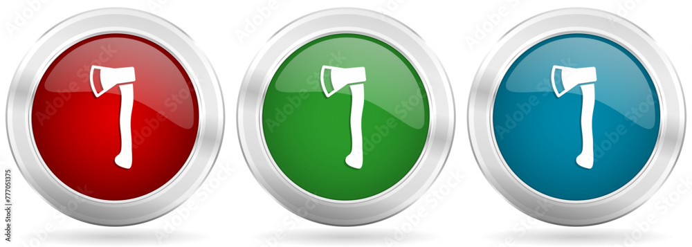 Aufkleber axe vector icon set. red, blue and green silver metallic web buttons with chrome border