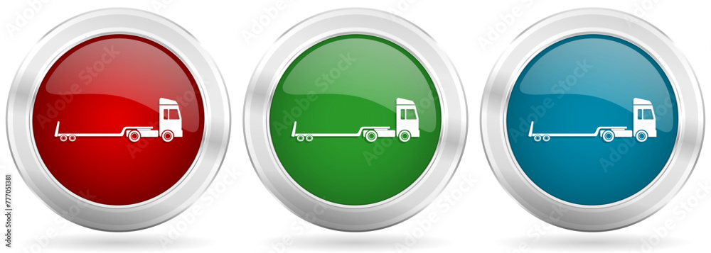 Poster truck with tow trailer, long vehicle conept vector icon set. red, blue and green silver metallic web
