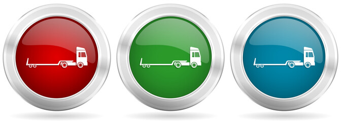 Truck with tow trailer, long vehicle conept vector icon set. Red, blue and green silver metallic web buttons with chrome border