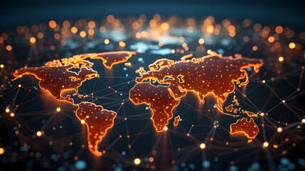 Abstract world map concept - global business network and connections, international data transfer and cyber technology. - obrazy, fototapety, plakaty