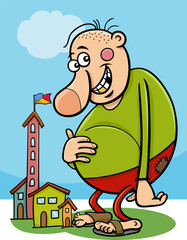 cartoon giant fantasy character and small town