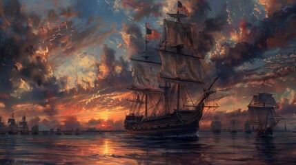 Oil Paint Shit Art. Marine Landscape, United States Flag Historic Galleon and Ocean Scene for Classic Interior.  - obrazy, fototapety, plakaty
