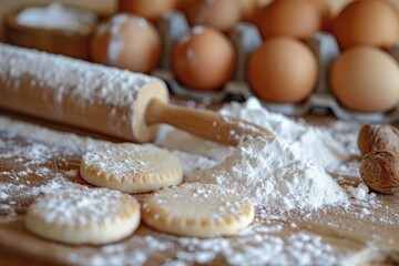 Biscuit making with egg and powder. Hands preparing dough with rolling pin. Freshly baked cookies on table