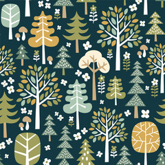 Seamless vector pattern with hand drawn trees. Scandinavian woodland illustration. Perfect for textile, wallpaper or print design.