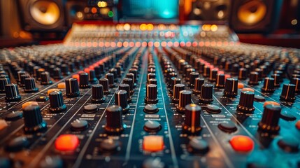 Music Studios: Showcase the behind-the-scenes of music production in recording studios, including mixing boards, microphones, and soundproof rooms - obrazy, fototapety, plakaty