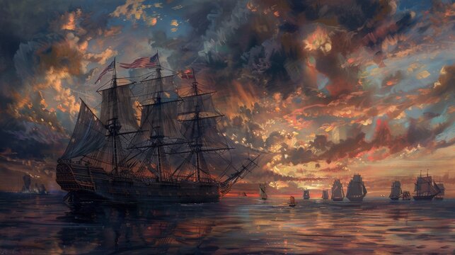 Drawing of American Galleon Ship is Under Sail, Oil Painting Picture in Canvas.