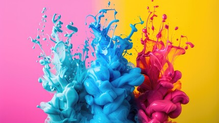 Cmyk Color Splashes of Ink in Cyan Magenta Yellow Black. Creative Cloud of Liquid Paint Ink for Print and Injection with a Splash Effect - obrazy, fototapety, plakaty