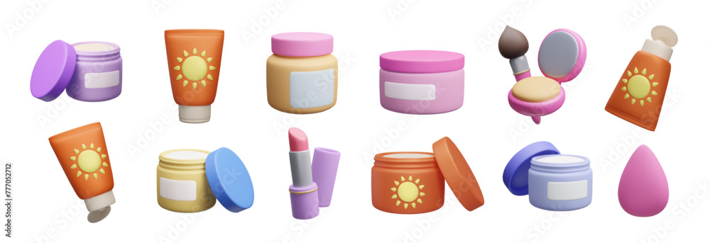 Wall mural 3d makeup cosmetic product bundle isolated on white. cute cartoon style colorful 3d cream jar, facia