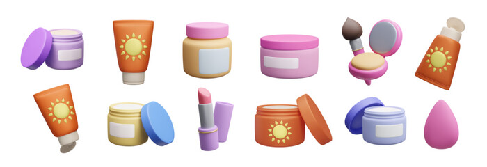 3D makeup cosmetic product bundle isolated on white. Cute cartoon style colorful 3D cream jar, facial powder palette, beauty blender brush, lipstick, sunscreen lotion bottle set. Beauty skincare set.