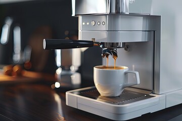 A kitchen appliance is brewing a cup of coffee on the countertop coffeemachine advertisment